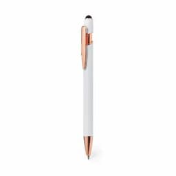 A pen with a white body and rose gold accents. The pen features a clip and a rounded top.
