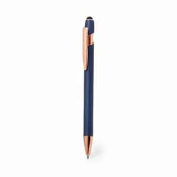 A pen with a navy blue barrel and rose gold accents, featuring a sleek design and a clip.