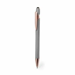 A grey pen with rose gold accents and a sleek design, featuring a clip and a touch screen stylus.