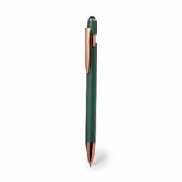A pen features a dark green barrel with a rose gold clip and tip. It has a sleek, modern design.