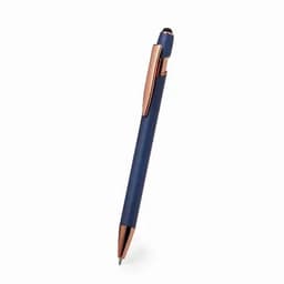 A pen with a navy blue body and rose gold accents, featuring a sleek design and a clip.