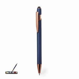 A navy blue pen with a rose gold clip, positioned upright next to a small palette of colours.