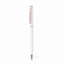 A pen with a white body and rose gold accents, featuring a clip and a retractable tip.