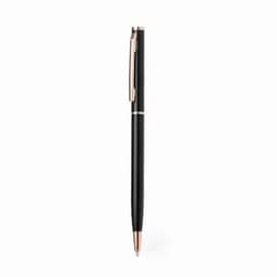 A black pen with a sleek design and a rose gold clip. The pen features a simple yet elegant appearance.