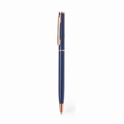 A pen with a navy blue body and rose gold accents, featuring a clip and a smooth finish.