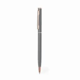 A pen featuring a grey body with a rose gold clip and accents, showcasing a sleek design.