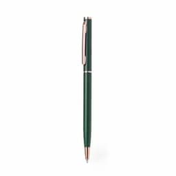 A green pen with a rose gold clip and accents, featuring a sleek design. It has a polished finish and logo branding.