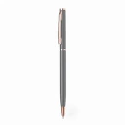 A grey pen with a rose gold clip and accents. The pen features a sleek, modern design and a logo.