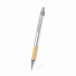 A silver and wooden pen with a sleek design and a stylus tip, showcasing a modern look. It features a logo.