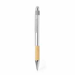 A silver and bamboo pen featuring a sleek design and a clip, with a stylus top for touchscreen devices.