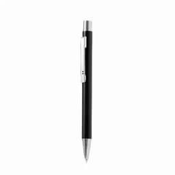 A black pen with a silver clip and tip, featuring a sleek, minimalist design.