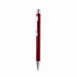 A red pen with a silver clip and a chrome tip, featuring a sleek, modern design.
