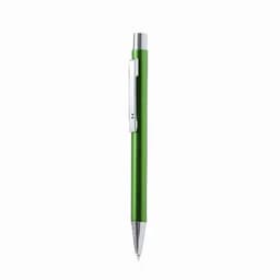 A green pen with a silver clip and a metallic finish, featuring a sleek design and a smooth writing tip.