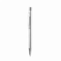 A silver pen with a sleek design, featuring a clip and a shiny finish.