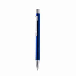 A blue pen with a silver clip and a shiny chrome tip. It features a sleek, cylindrical design.