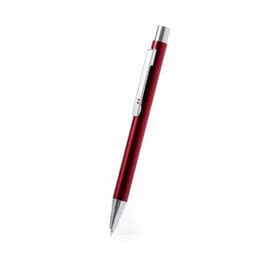 A red metal pen with a silver clip and a pointed tip. It features a sleek design and has a metallic finish.