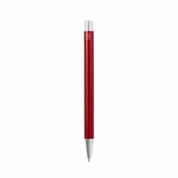 A red metal pen with a silver tip and branding on the barrel.