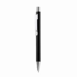 A black pen with a silver clip and tip, featuring a sleek and minimalist design.