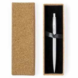 A sleek silver pen presented in a textured brown box with a black inner lining.