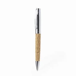 A pen featuring a chrome top and a natural cork grip, with a sleek, minimalist design.