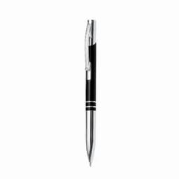 A black pen with chrome accents, featuring a smooth design and a clip for easy attachment.