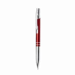A pen featuring a shiny silver clip and accents, with a vibrant red barrel and metallic finish.