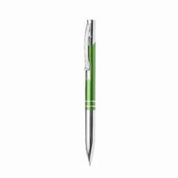 A green pen with a chrome clip and accents, featuring a sleek design and a smooth finish.