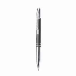 A pen with a black barrel and a silver clip, featuring a chrome tip and decorative rings.