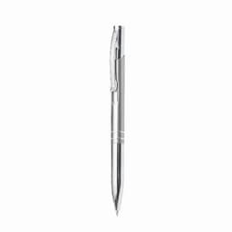 A silver pen with a shiny metal finish and a clip for attachment.
