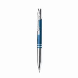 A blue pen with a chrome clip and accents, featuring a sleek design and a shiny barrel.