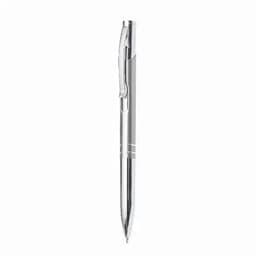 A silver pen with a smooth barrel and a clear clip, featuring a sleek design and a brand logo.