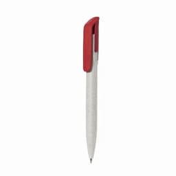 A pen with a red clip and a white body, featuring a logo on the barrel.