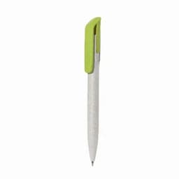 A pen with a white barrel and lime green clip, featuring a streamlined design and a simple logo.
