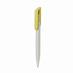 A pen with a yellow clip and a grey barrel, featuring a logo on the clip.