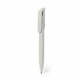 A pen in a light grey colour with a sleek design and a clip for easy attachment. It features a logo on the side.