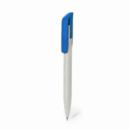 A pen with a blue cap and a light grey barrel, featuring a logo. The design is sleek and modern.