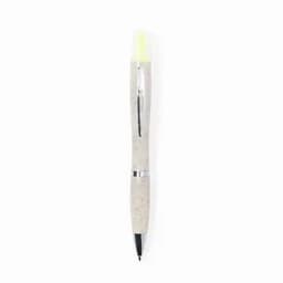 A pen with a light grey body and a yellow highlighter tip, featuring a chrome accent and clip.
