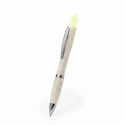 A pen with a textured light beige body and a bright yellow highlighter tip, featuring a metal clip.
