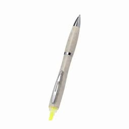 A pen with a beige barrel, silver accents, and a yellow highlighter tip. The pen features a branding logo.