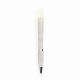 A pen with a textured light grey body, featuring a yellow highlighter tip and a black ink writing tip.