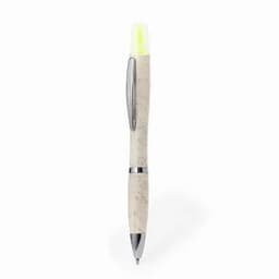 A pen with a cream-coloured barrel, silver accents, and a bright yellow highlighter tip. It features a logo.