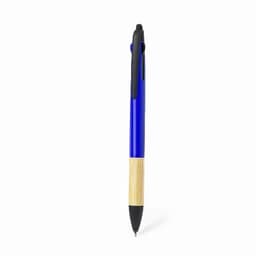A pen with a blue barrel and a bamboo bottom, featuring a black clip and tip, and a simple design.
