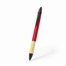 A pen with a red barrel and a natural bamboo grip, featuring a black click mechanism and nib.