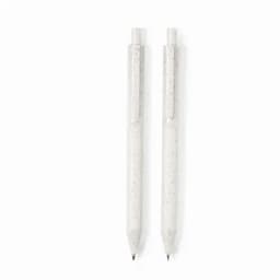 A pair of white pens with speckles, featuring a clear casing and black ink. Each pen includes a logo on the barrel.