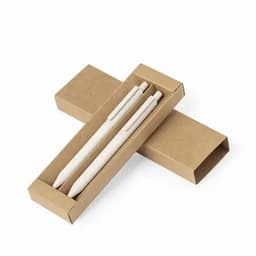 A boxed set of two eco-friendly pens in white, packaged in a simple brown cardboard box.