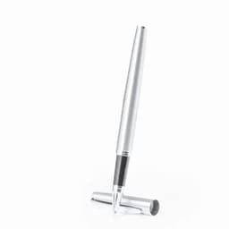 A sleek silver pen with a black accent, positioned upright alongside its cap.