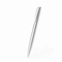 A silver pen with a sleek design and a clip on the side. It features a simple, elegant style.