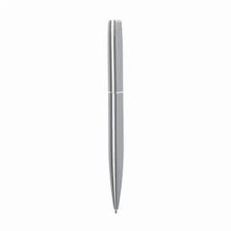 A silver pen with a sleek design, featuring a logo on its surface.