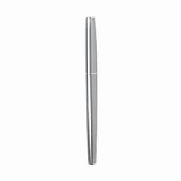 A sleek silver pen with a smooth, cylindrical design and a subtle logo on the body.