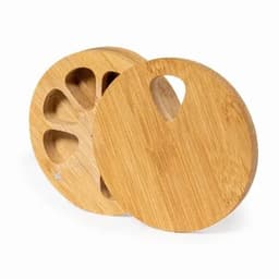 A bamboo serving board set featuring a round base with a cut-out handle and five cavity sections for snacks.